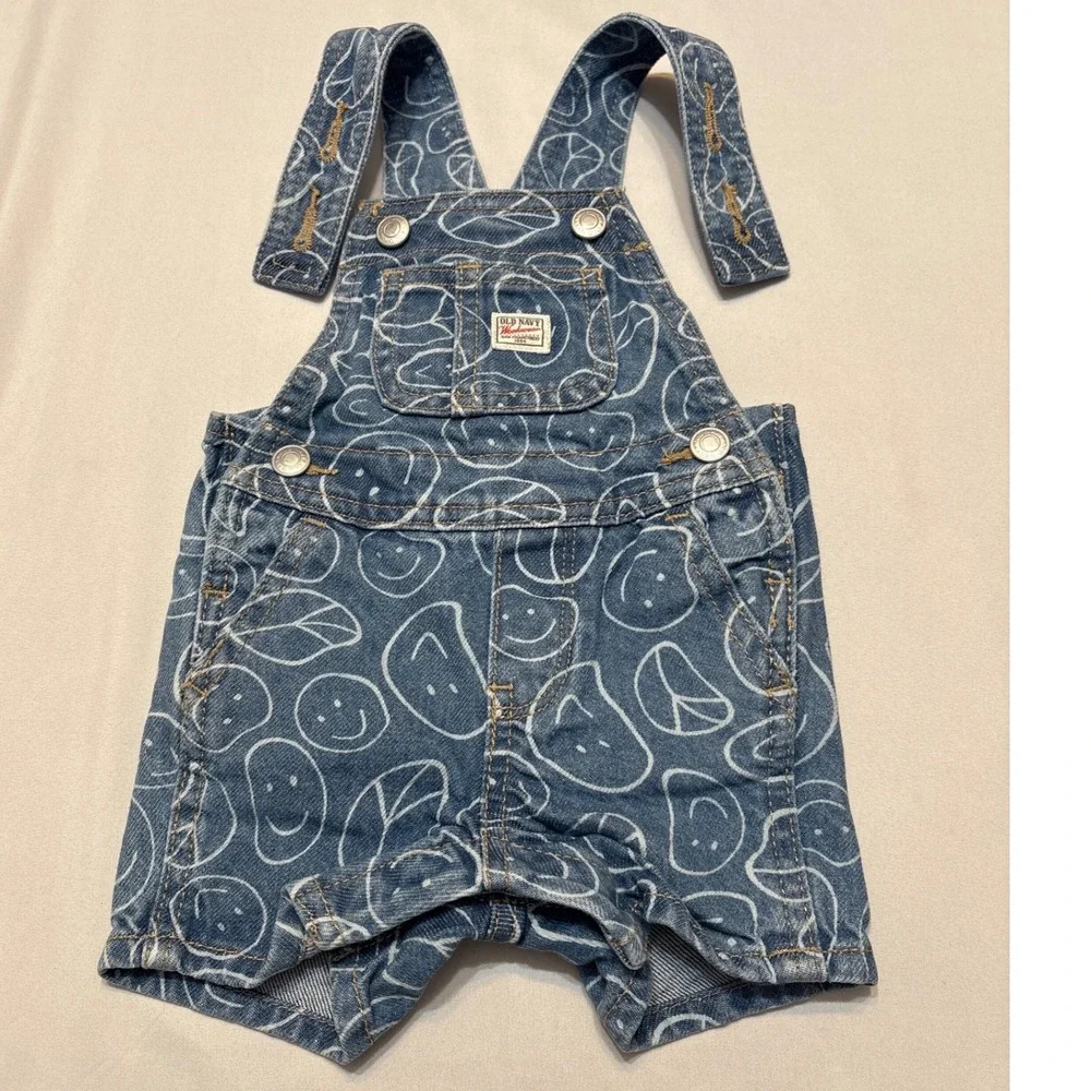 Old Navy Workwear Baby Denim Shortalls Blue Smiley Face Peace Sign 0-3M Overalls
